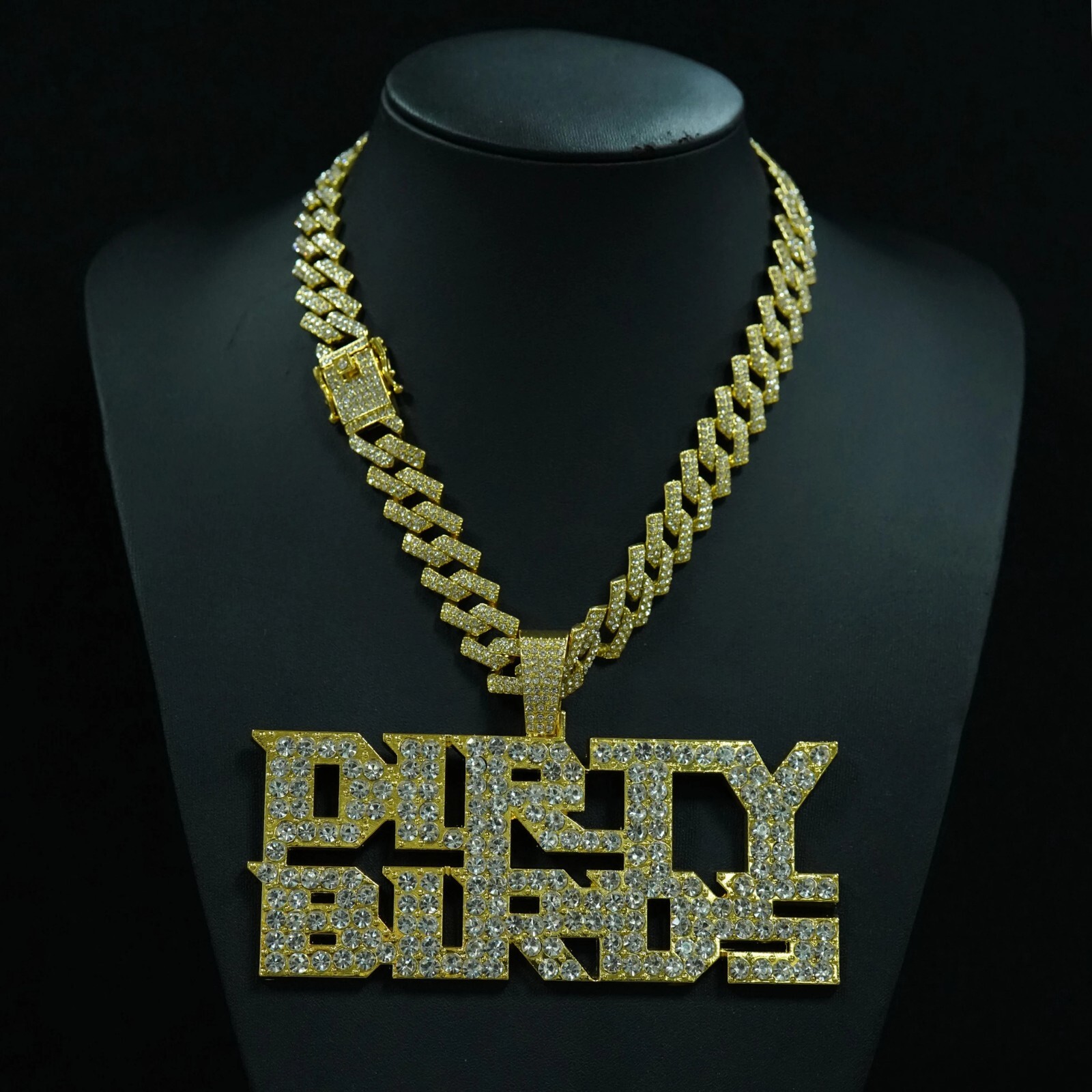 HipHop Iced DIRTY BIRDS Letter Pendant Necklace Crystal CZ Chain Fashion Jewelry