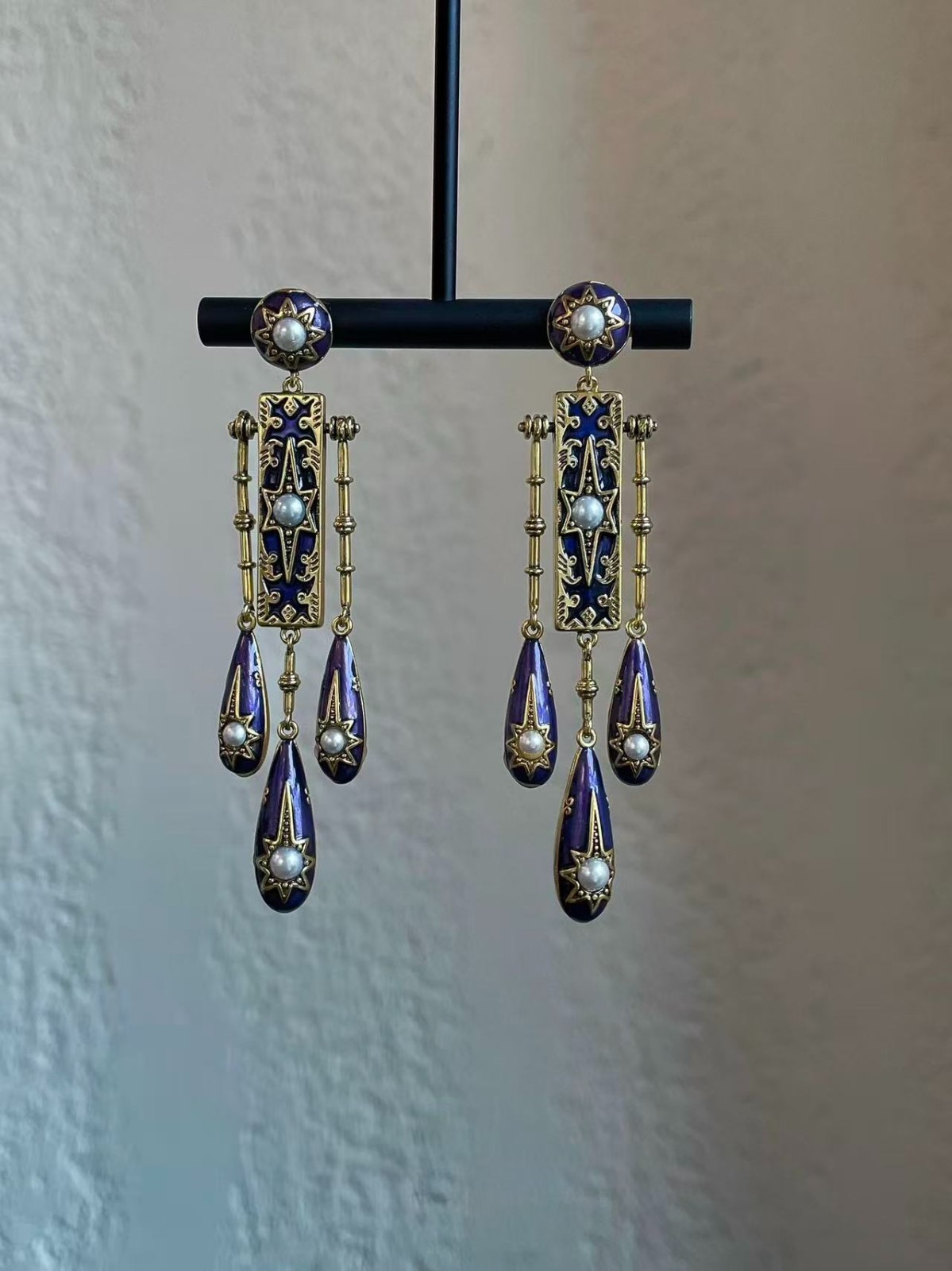 Vintage Blue Enamel Drop Earrings Pearl Gold Tone Dangle Statement Baroque