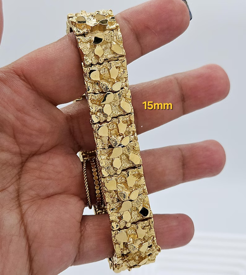 Gold Nugget Bracelet, 13mm & 15mm Bracelet, 14k Heavy Plated