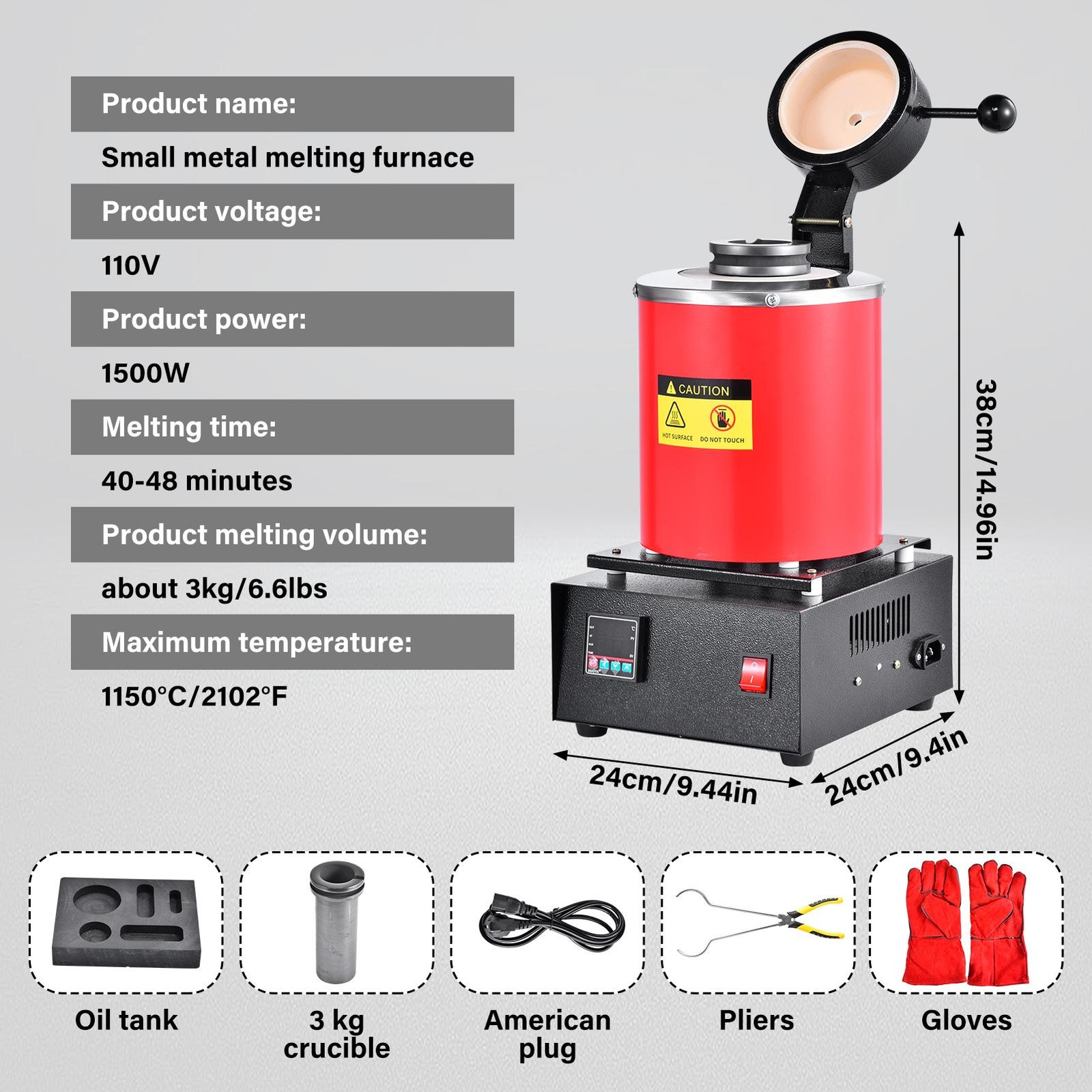 3KG 1500W Electric Digital Metal Melting Furnace Gold Silver Smelter 2102℉ 110V