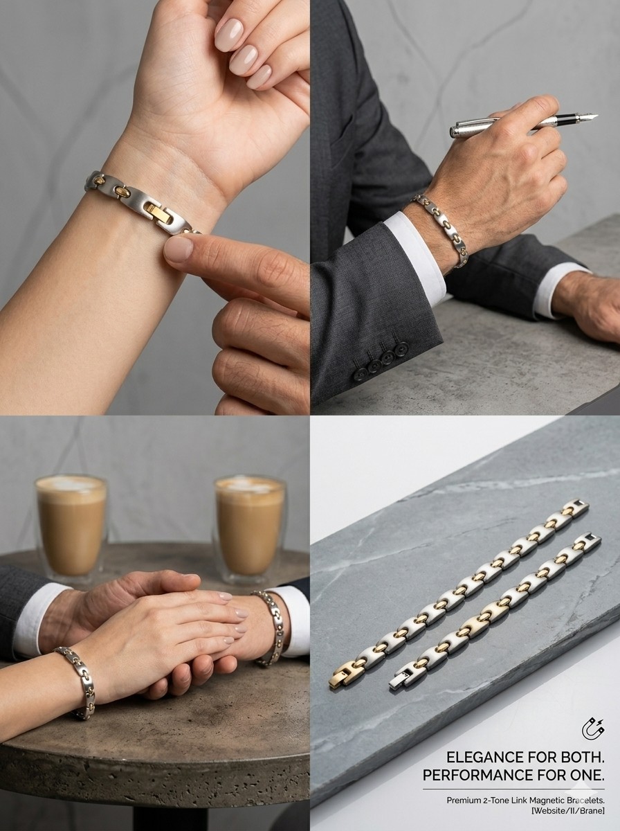 2-Tone Silver Gold Stainless Steel Magnetic Link Chain Bracelet Unisex