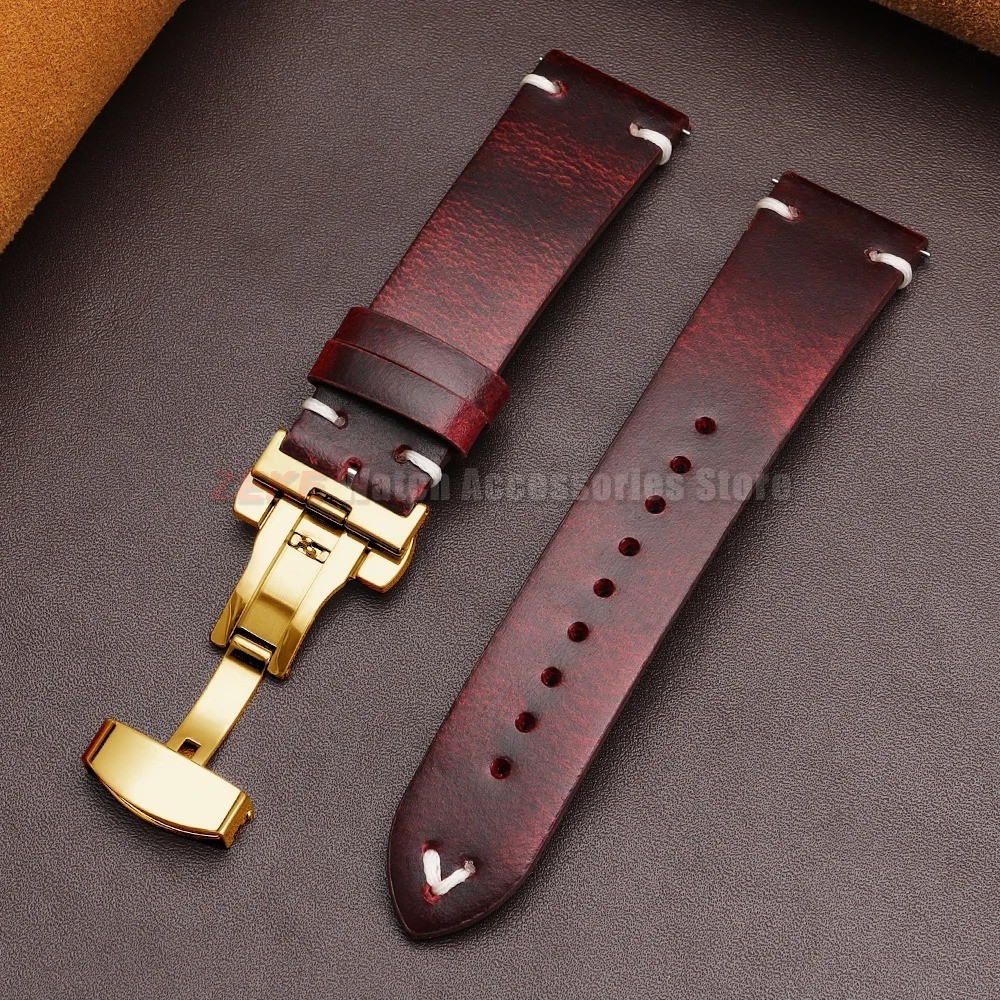 Genuine Leather Butterfly Buckle Watch Bands 18/20/22mm Waterproof Retro Oil Wax
