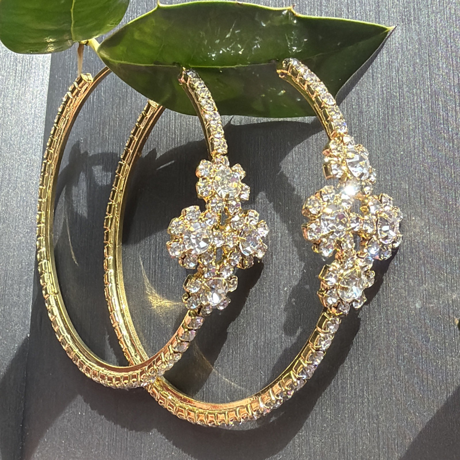 Gold Tone Rhinestone Hoop Earrings Large Statement Floral Cluster 2.5” Glam