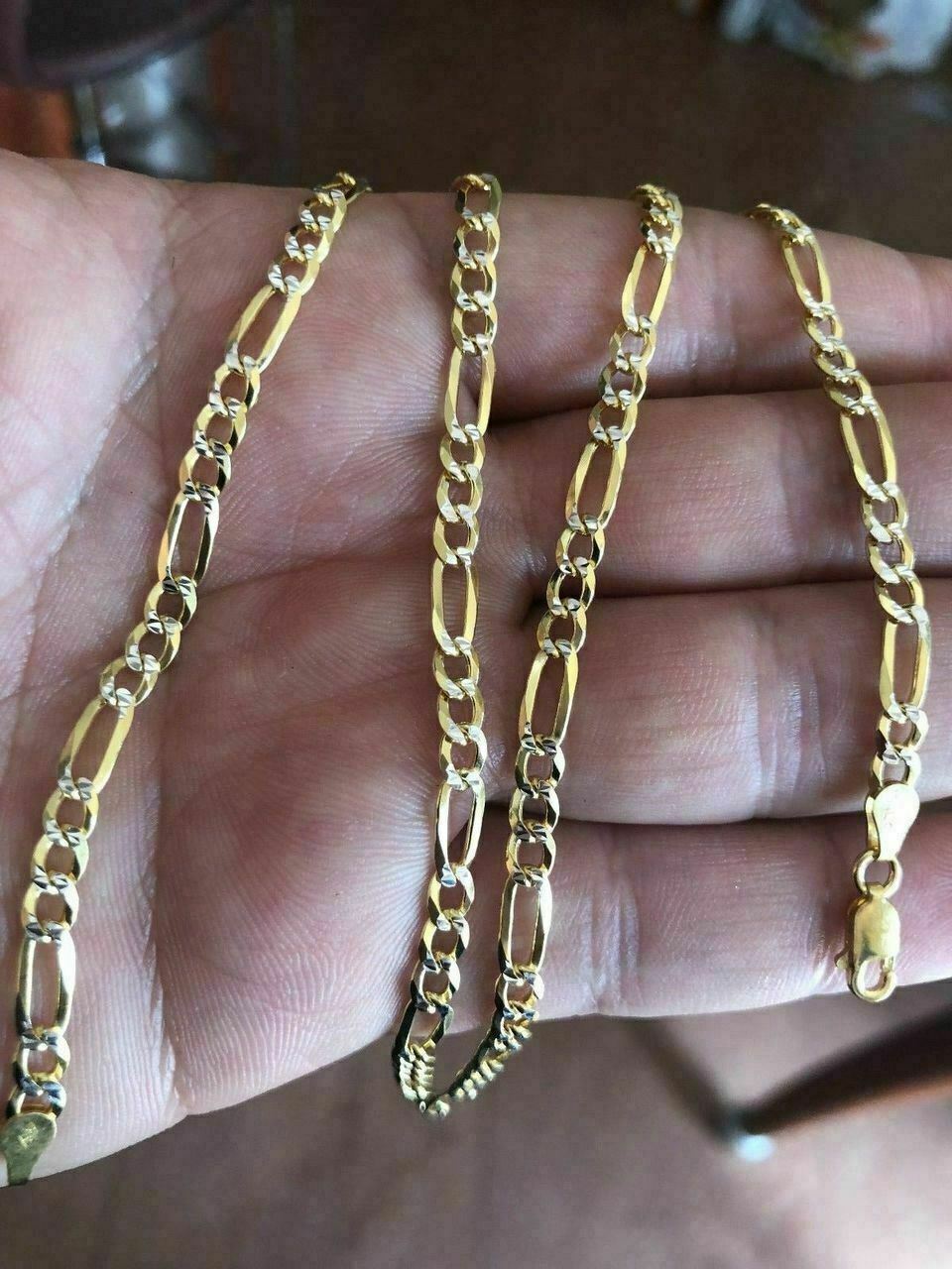 Figaro Chain Two Tone 14k Gold Plated Solid 925 Silver Diamond Cut Men Women 4mm