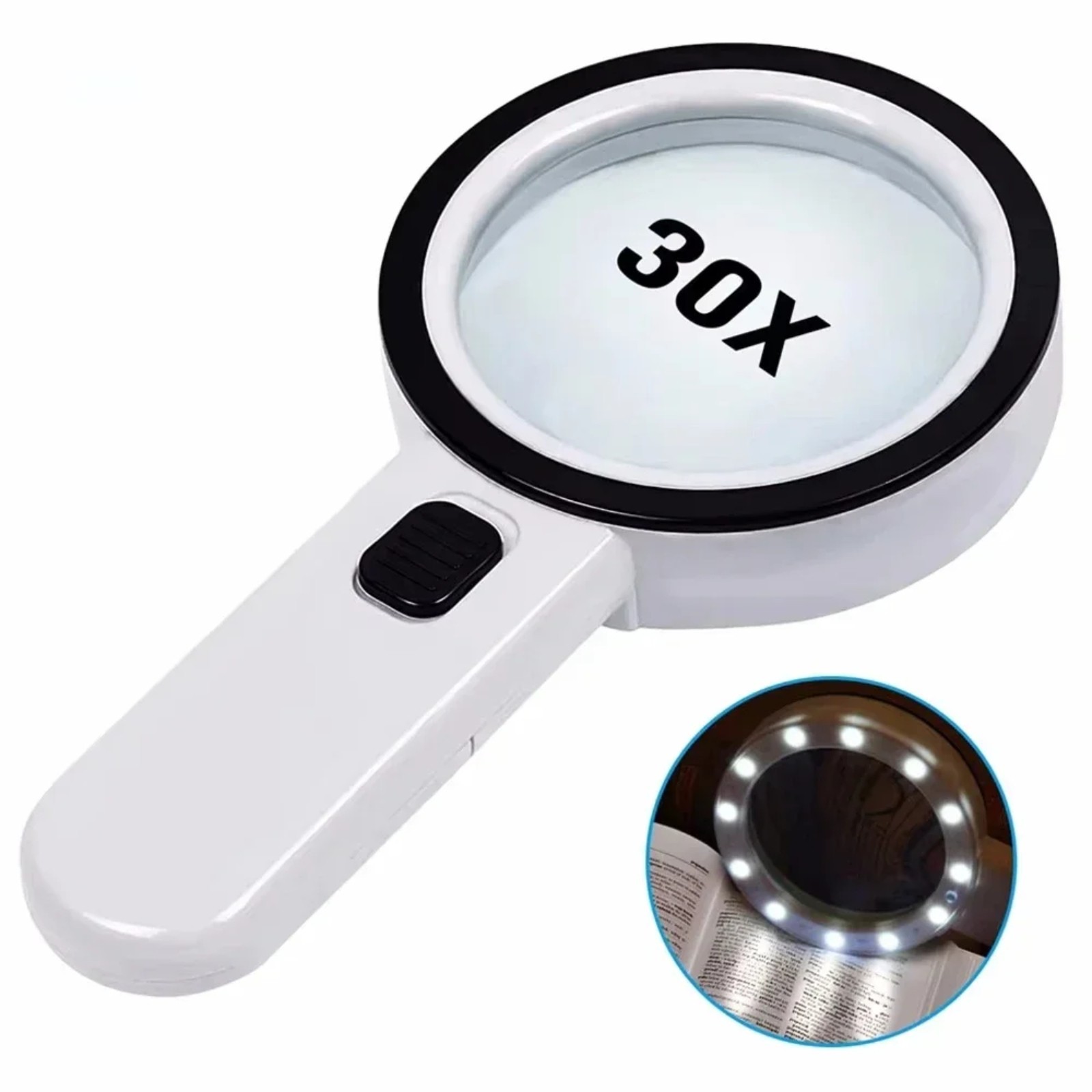 30X Jumbo Handheld Magnifying Glass w 12 Bright LED Light Illuminated Magnifier