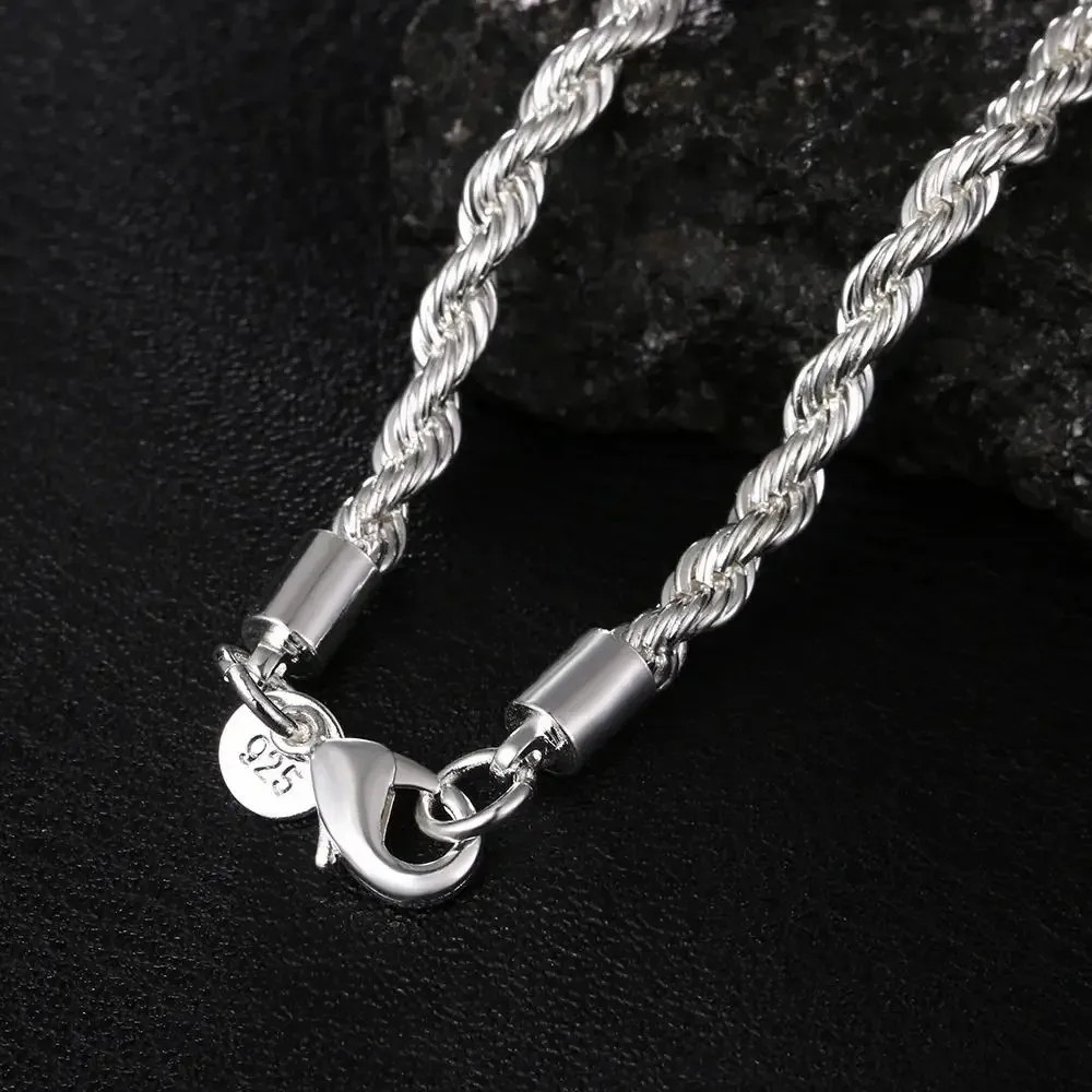 ALIZERO 925 Sterling Silver 4MM Rope Chain Necklaces For Women Men Fashion Hip H