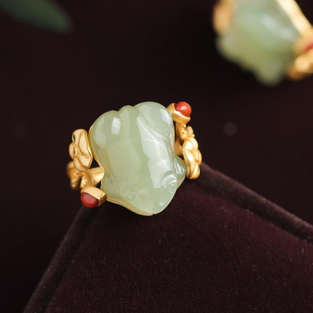 Green Jade Frog Rings Natural 925 Silver Women Adjustable Ring Jewelry Carved