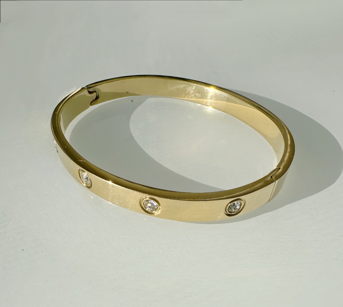 Stainless Steel Gold Cubic Zirconia Women Tarnish-Free Bangle Bracelet Size 7