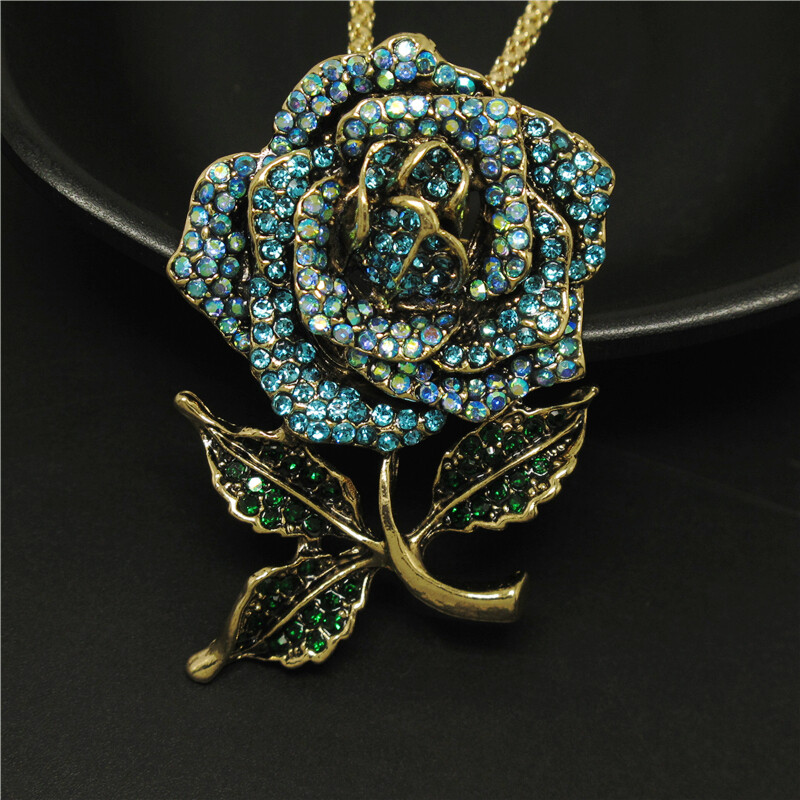 Fashion Women Blue Bling Lovely Rose Flower Crystal Pendant Necklace