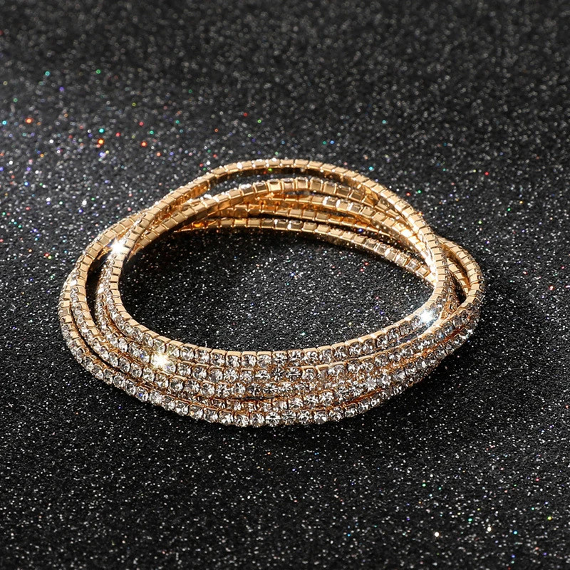 5 Pc Elastic Crystal Rhinestone Bracelet Women Gold Tone Round Chain Jewelry