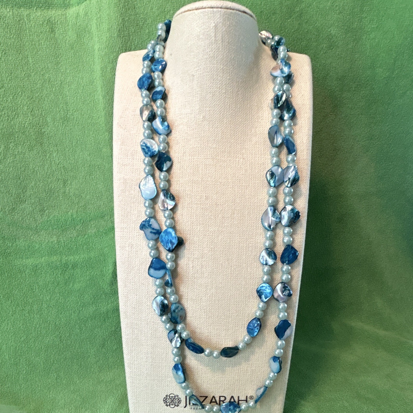 Blue Pearl & Shell Beaded Layered Double Strand Necklace, Ball/Bead Chain