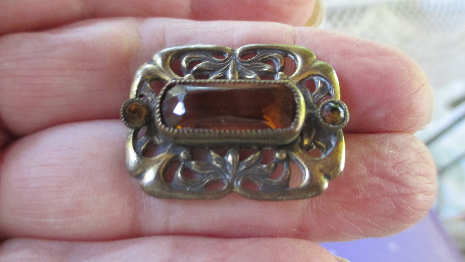 ANTIQUE BRASS & GLASS BROOCH FROM BOHEMIA, CZECH REPUBLIC