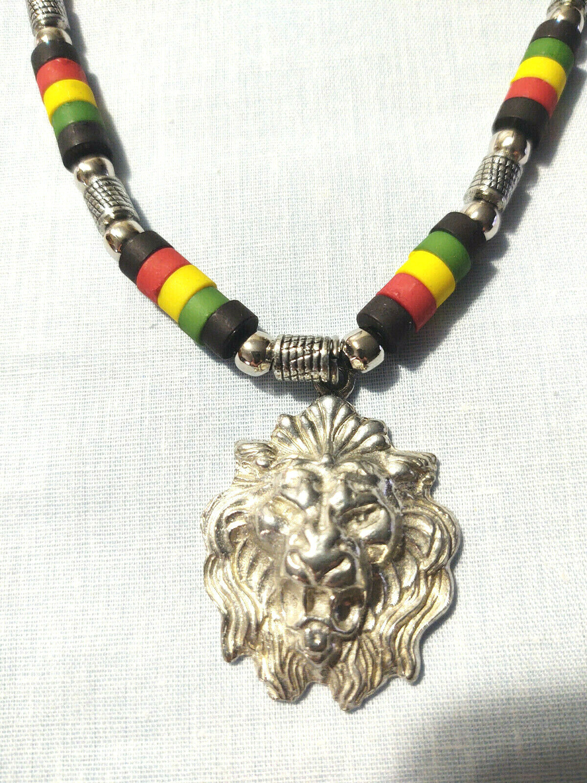 Male Lion Head Lion Of Judah Cast Pewter Pendant on 17″ Rasta Beaded Necklace