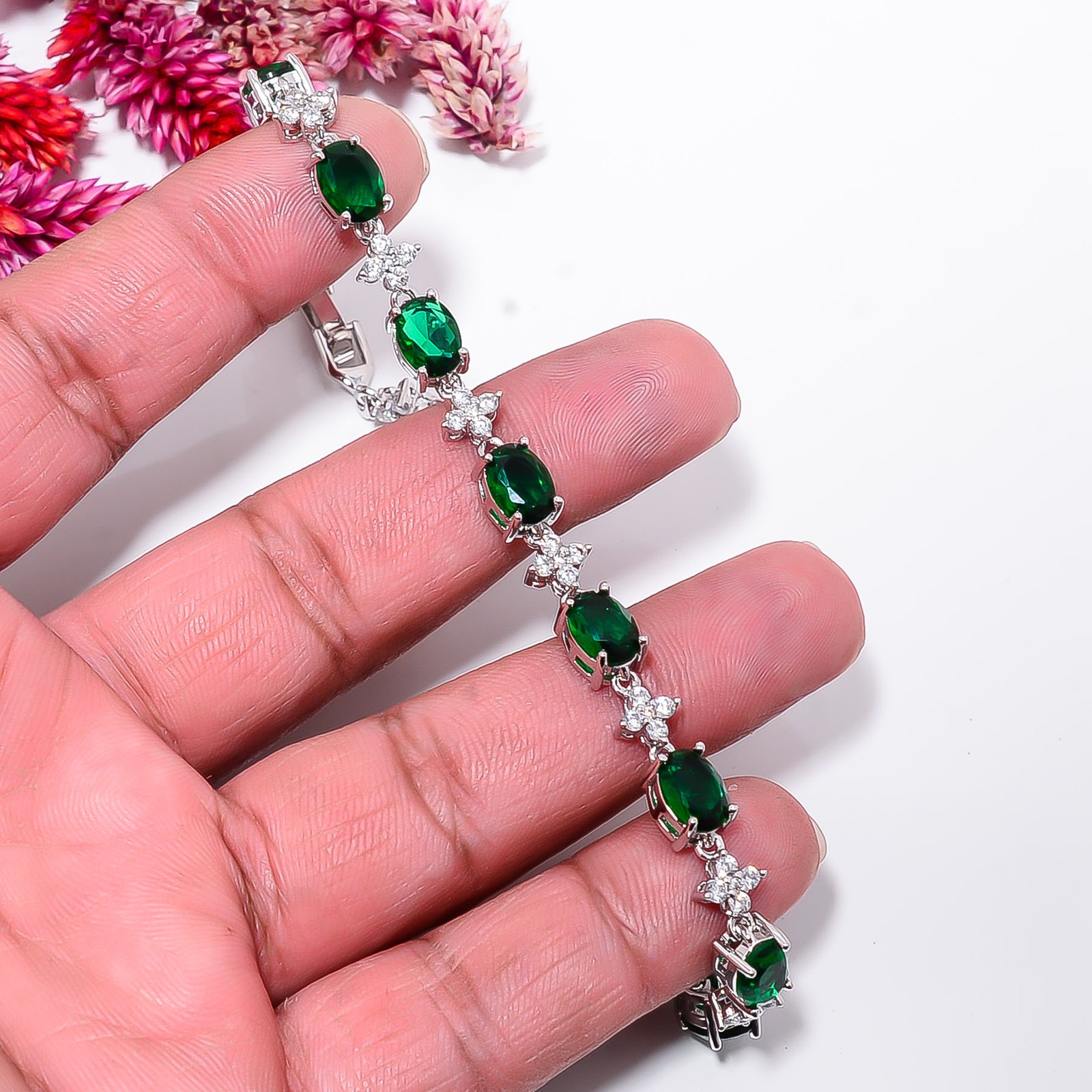 Chrome Diopside, CZ 925 Sterling Silver Adjustable Bracelet 7-8″ B133921