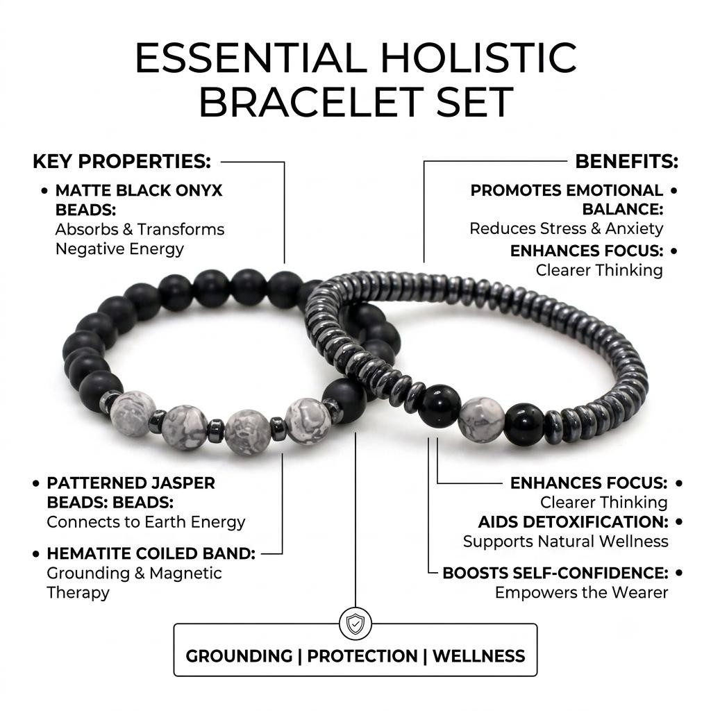 Magnetic Hematite Bead Bracelet Set for Men Women Energy Therapy Jewelry