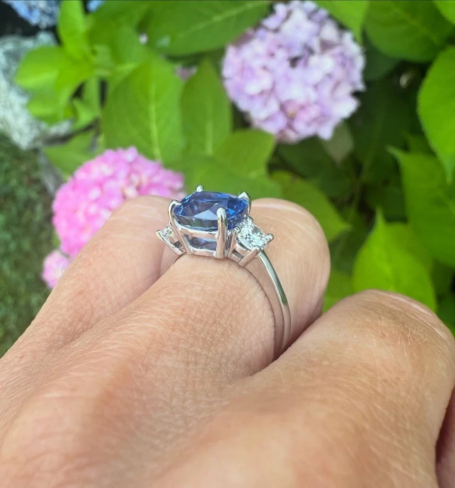 5.20Ct Cushion Cut Natural Sapphire Diamond Wedding Ring 14K White Gold 6 7 8 9