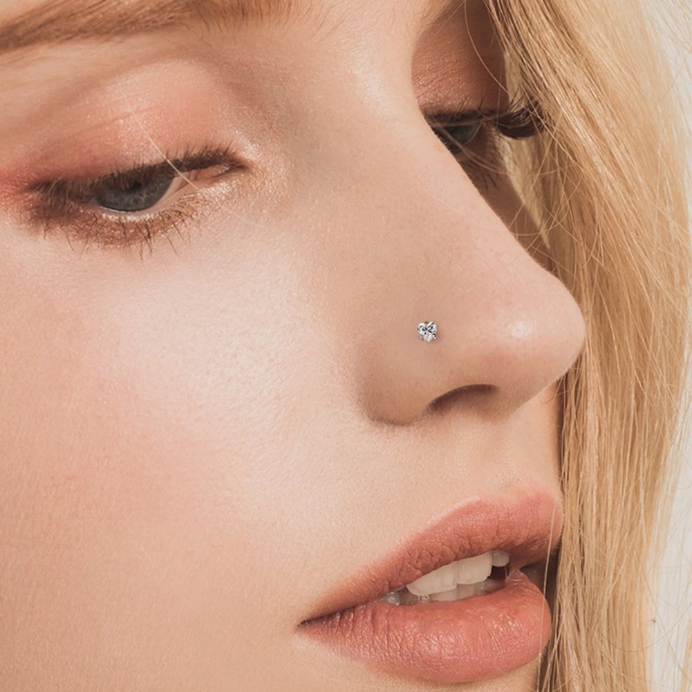 Nose Stud L-Shape 20G 7MM 925 Sterling Silver Heart Cut Clear Cubic Zirconia