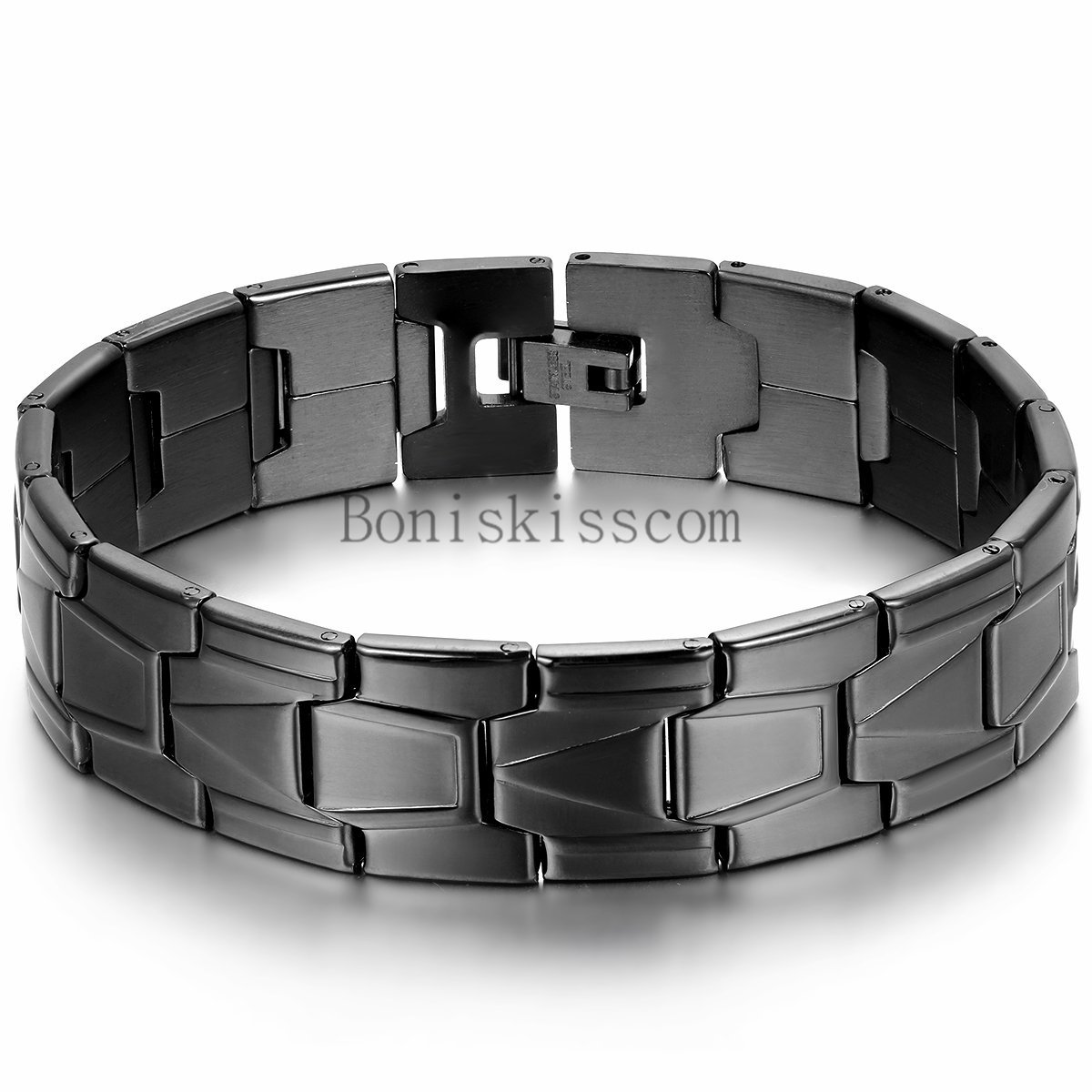 Men’s High Polished Stainless Steel Black Greek Key Link Chain Bracelet Bangle