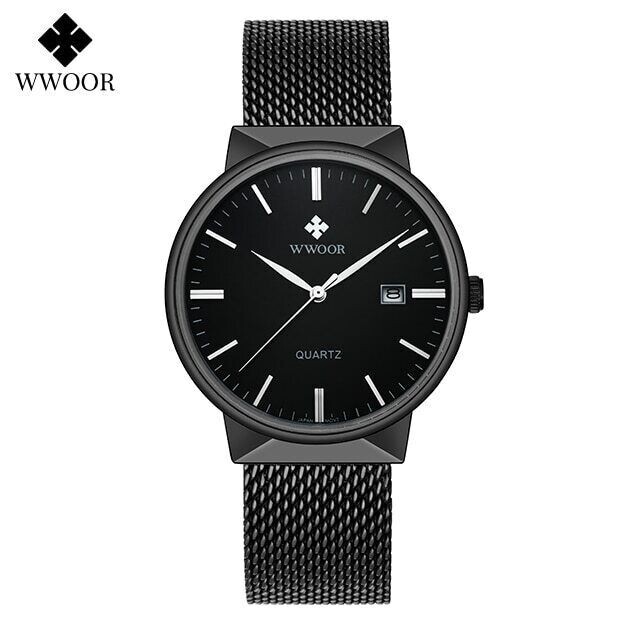 WWOOR Simple Ultra-Thin Steel Mesh Leather Date Men’s Wristwatch