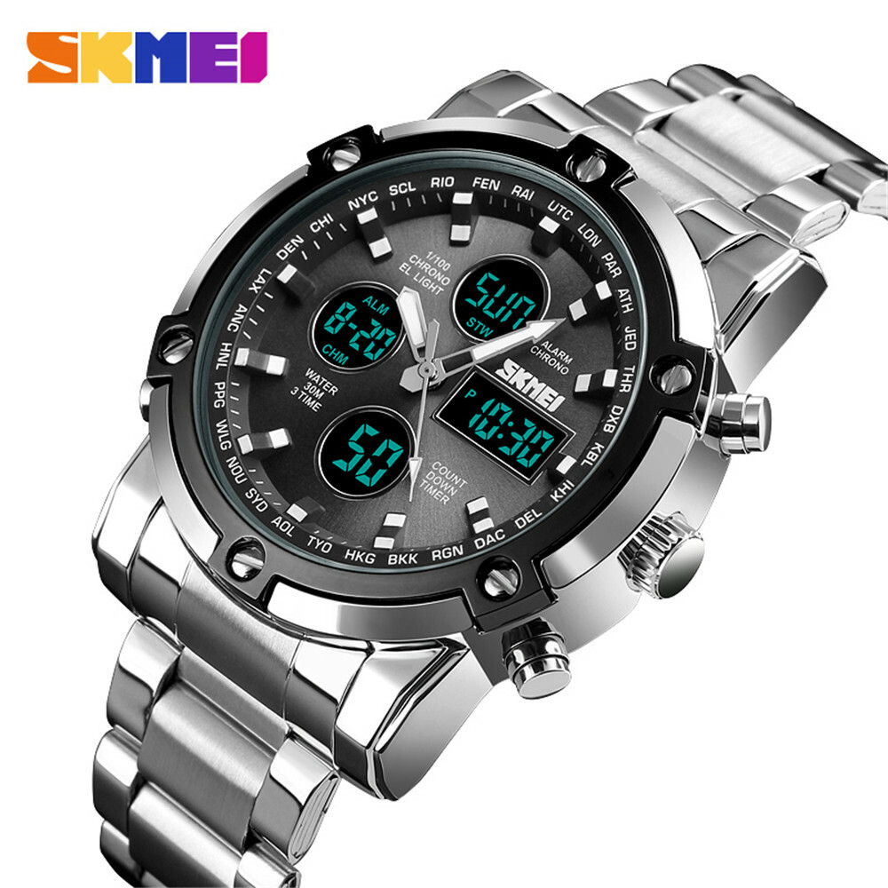 SKMEI Men Quartz Watch LED Digital Steel Wristwatch Casual Business Male Watches