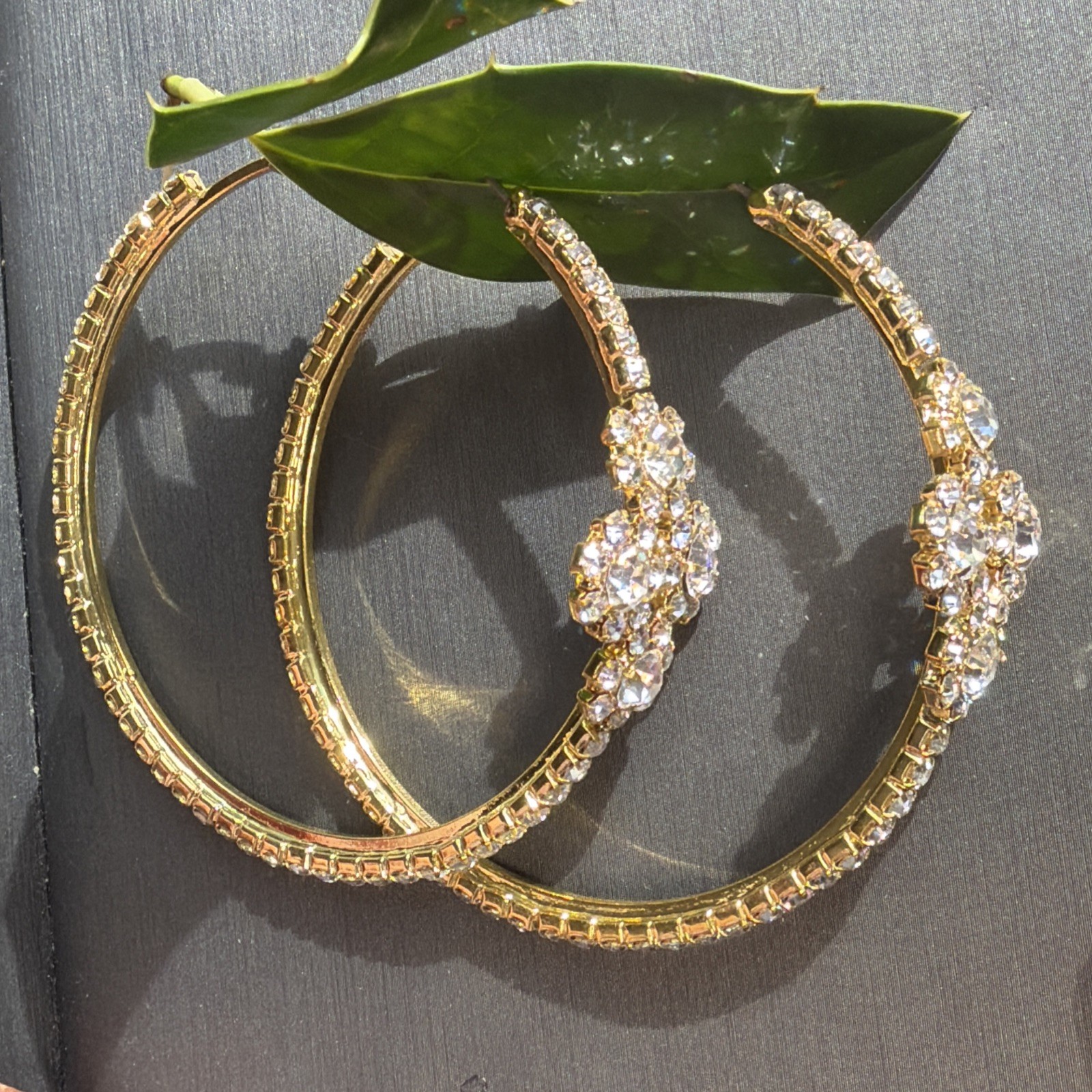 Gold Tone Rhinestone Hoop Earrings Large Statement Floral Cluster 2.5” Glam