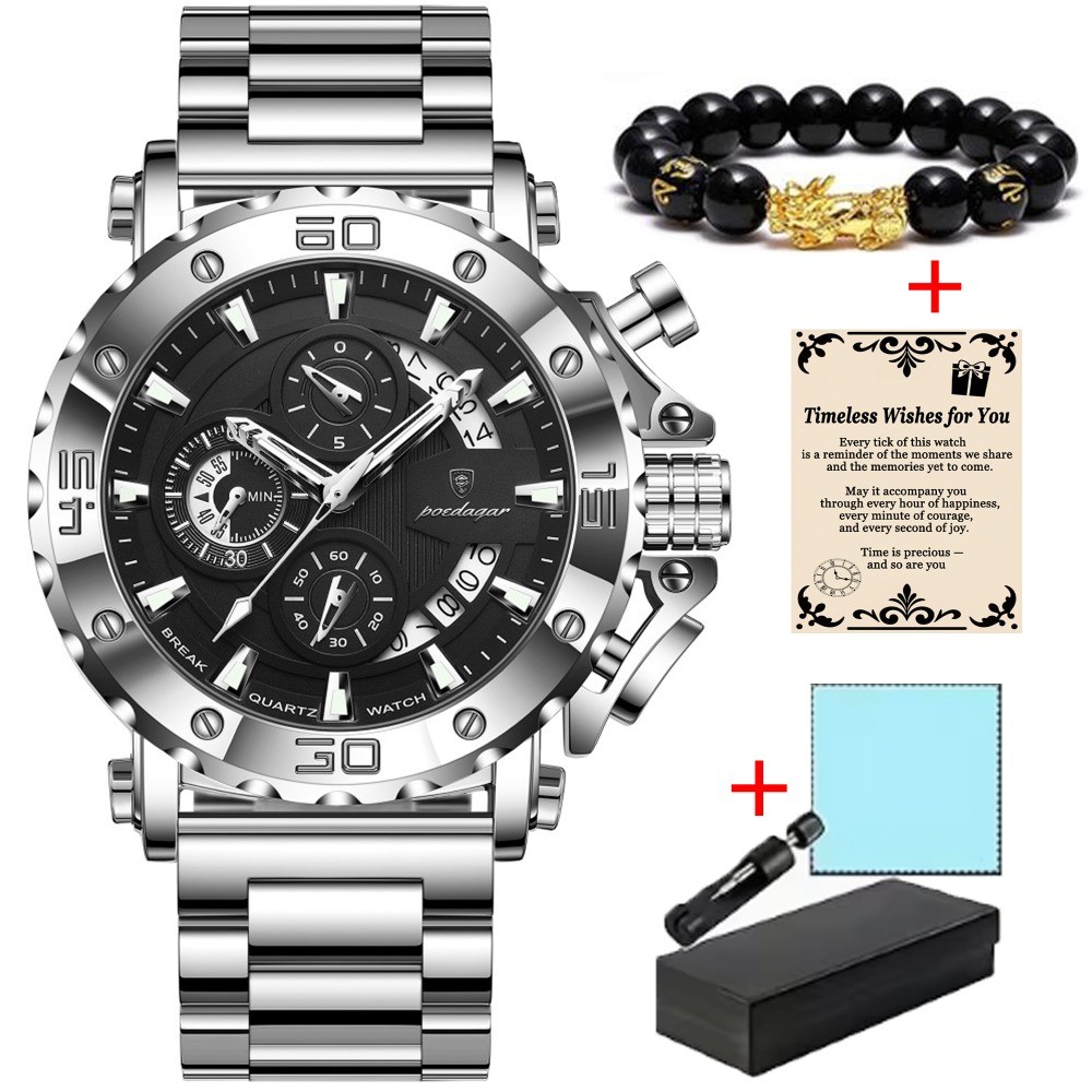 POEDAGAR Luxury Men’s Calendar Luminous Waterproof Stainless Steel Quartz Watch