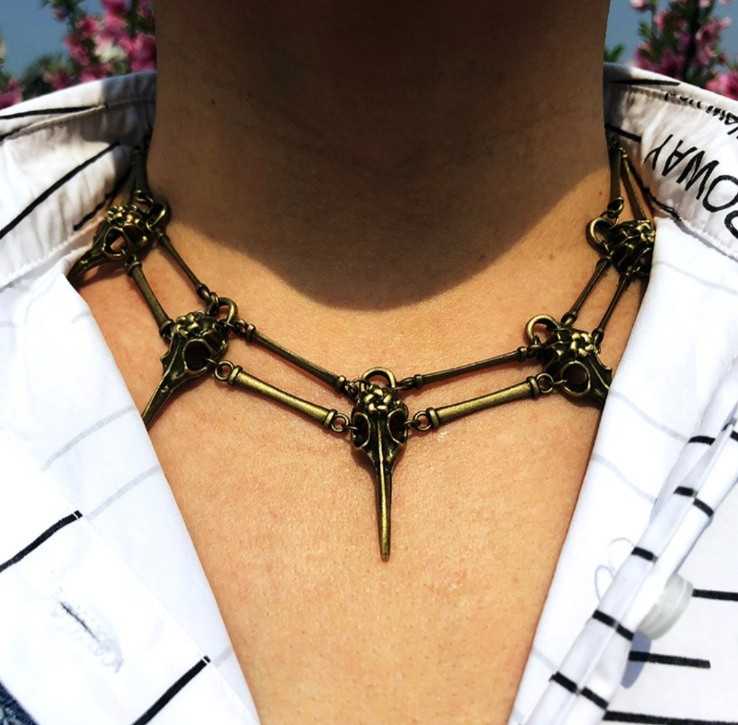 Gothic Raven Skull Choker Necklace Vintage Bronze Statement Collar