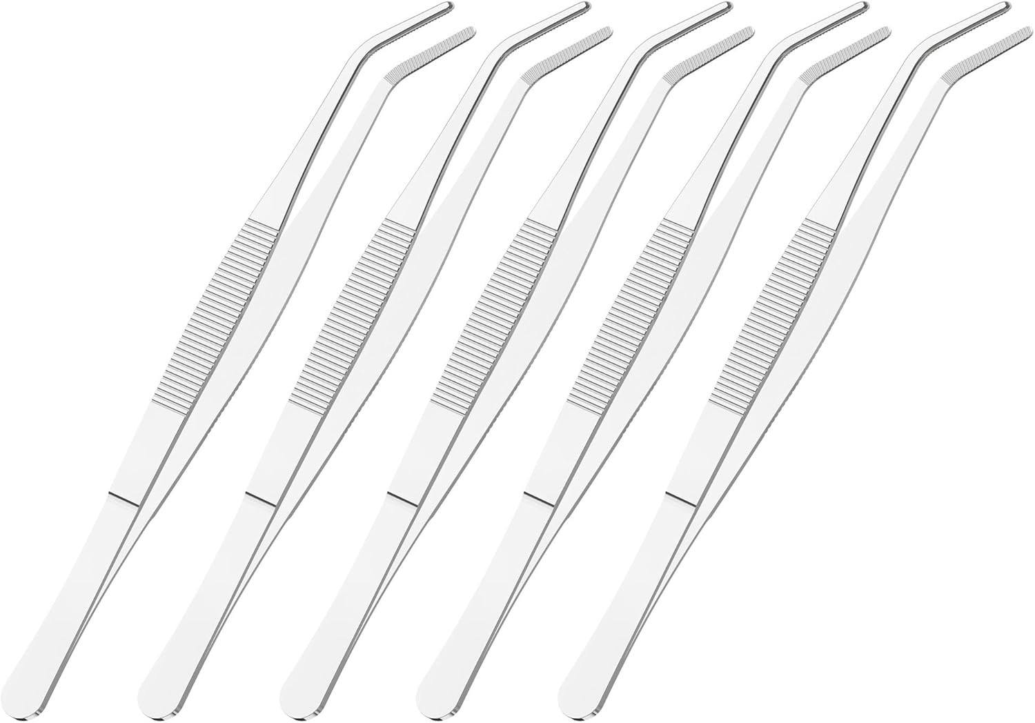 5 PCS 5″ Stainless Steel Tweezers, Curved Blunt, 3/64″ Thick | Round Serrated Ti