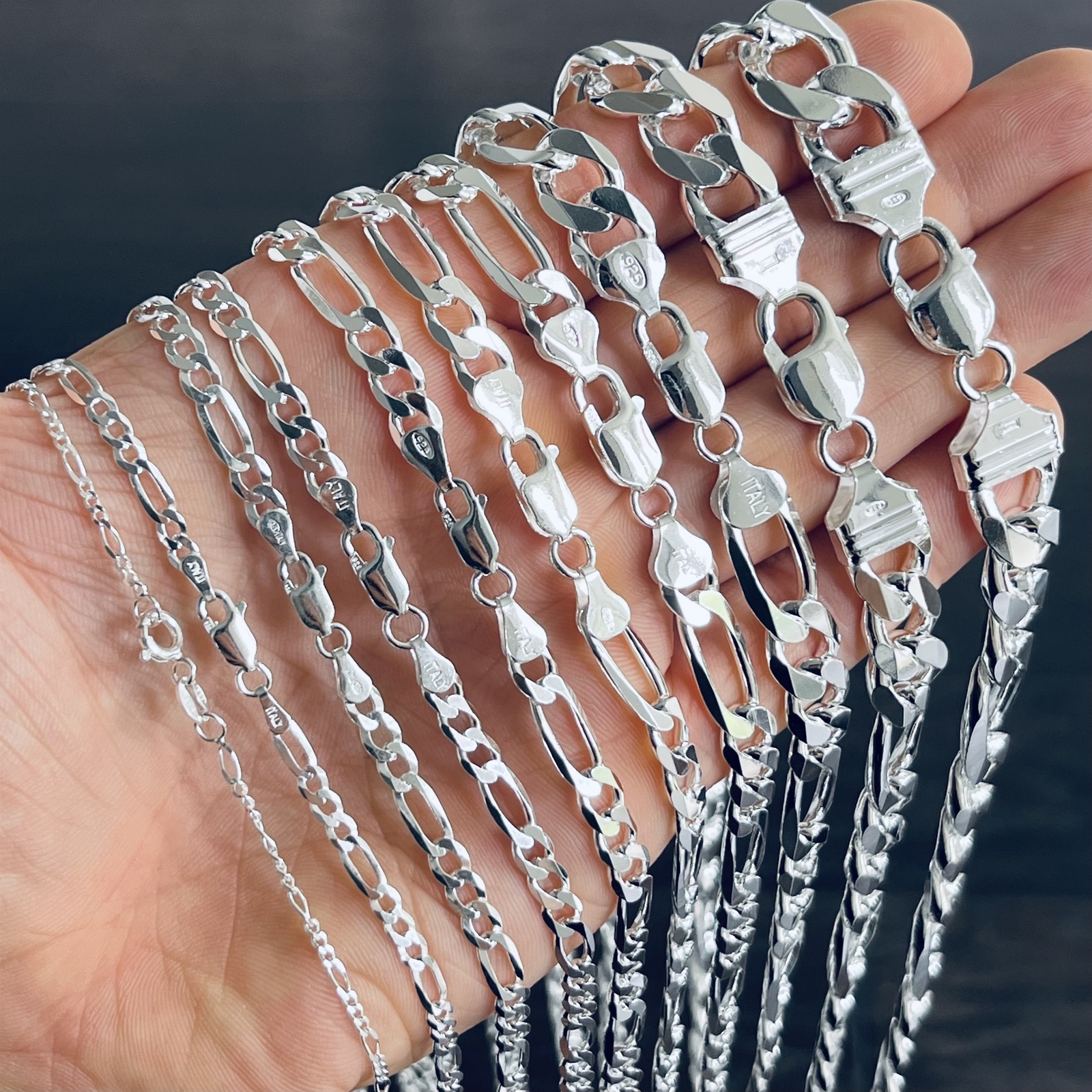 Real Sterling Silver Mens Boys Figaro Solid Chain Bracelet or Necklace 925 Italy