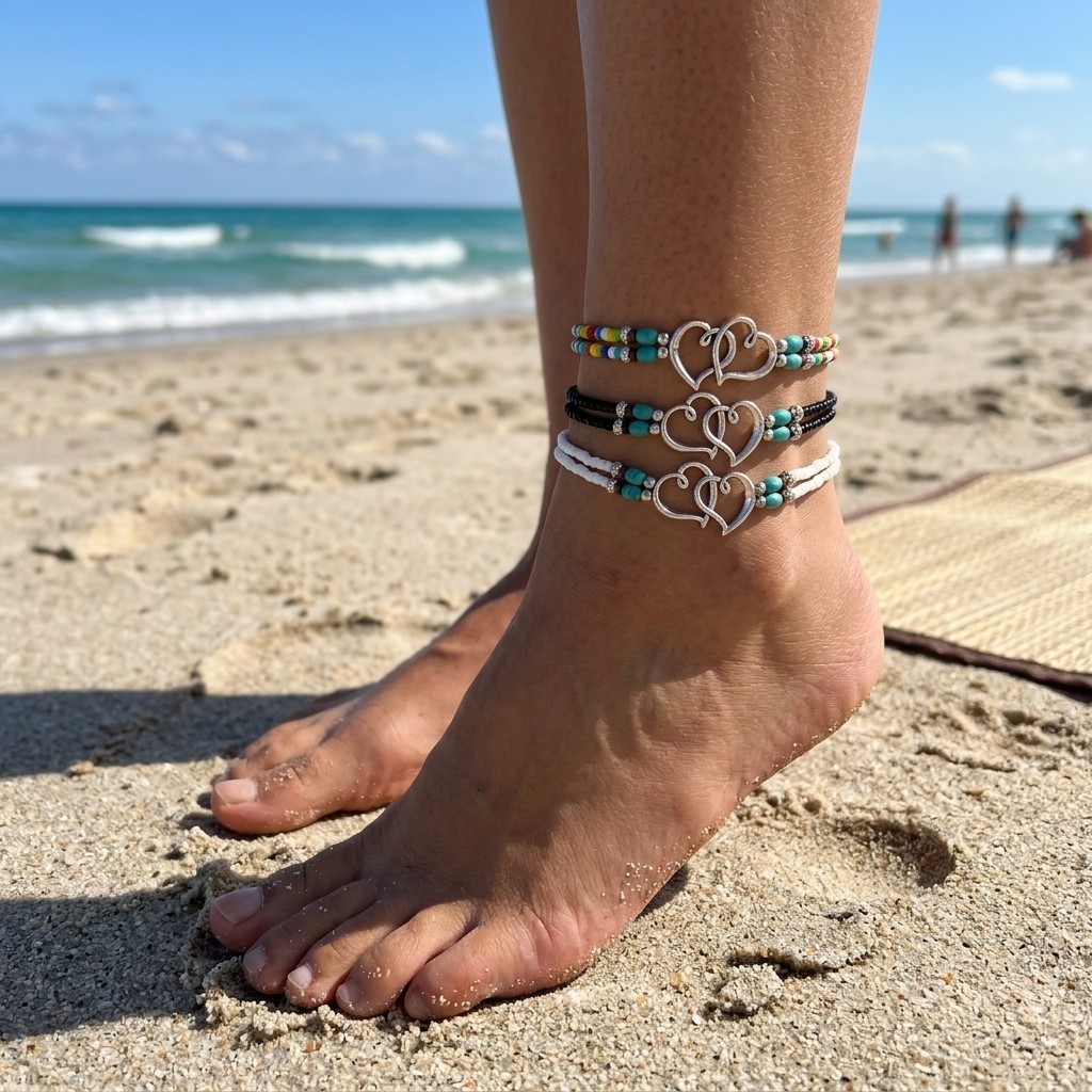 3Pcs Layered Bohemian Foot Bracelets Turquoise Heart Beaded Anklet Set