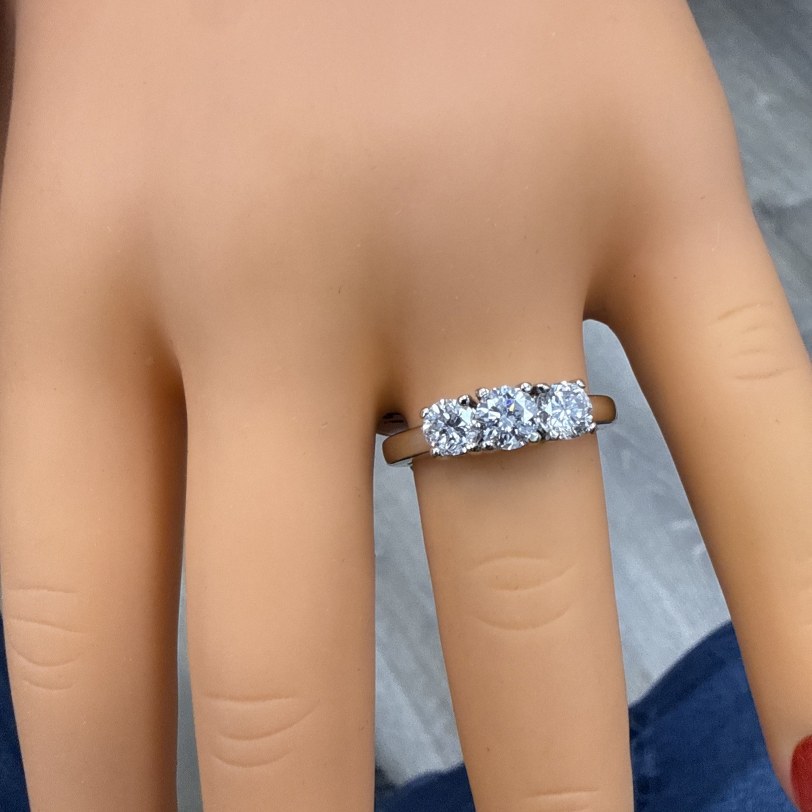 Bankruptcy Sale 80%Off 3 Stone Natural Large Quality Diamond 14K White Gold Ring
