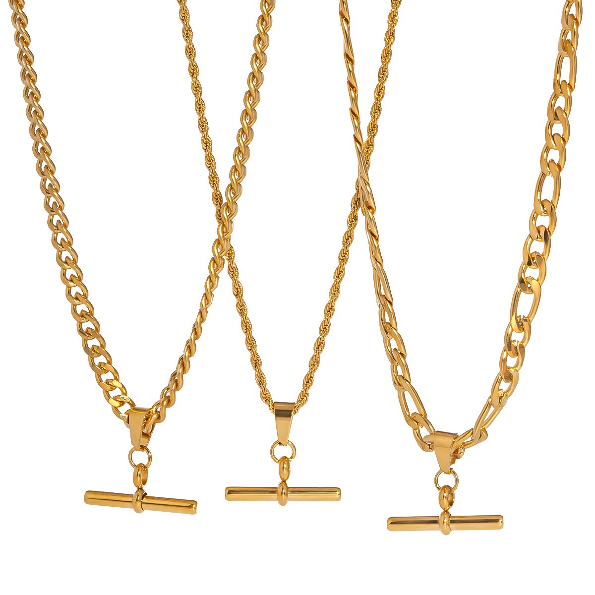 Hip Hop Punk Stainless Steel T-Bar Pendant Fried Dough Twists Chain Cuban Chain