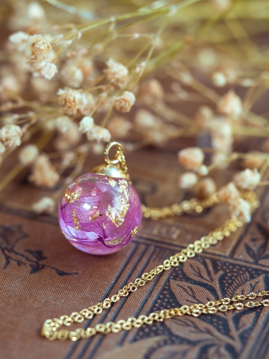 **Dried Hydrangea Resin Orb Necklace Whimsical Fairy Pressed Flower Pendant**