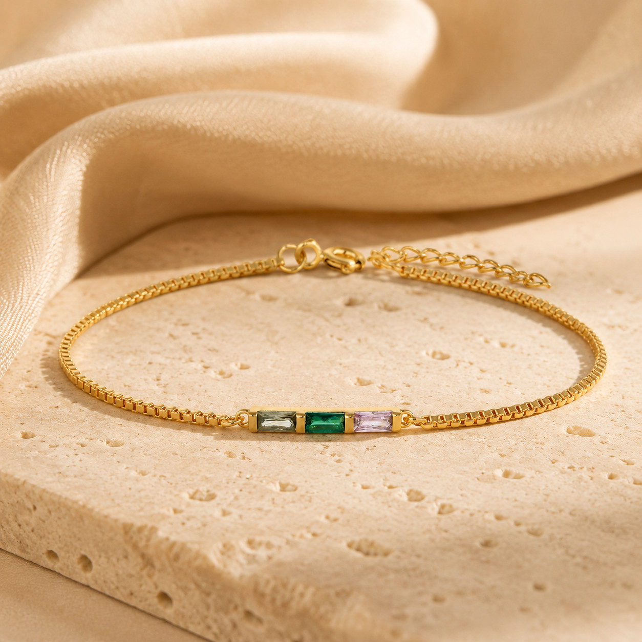 18K Gold Plated Multicolour Baguette Bracelet, Dainty Three Stone Bracelet