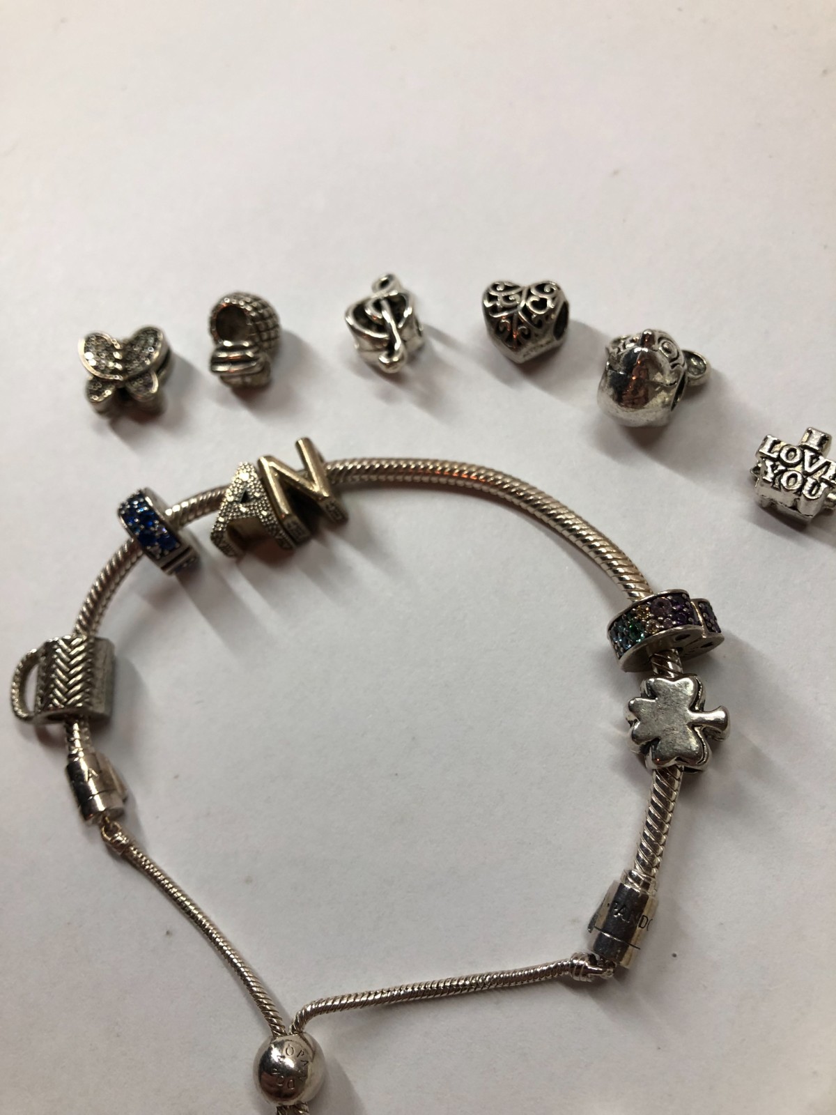 Pandora Snake Chain Slider Bracelet With Various Charms Initials N & A Carry Bag