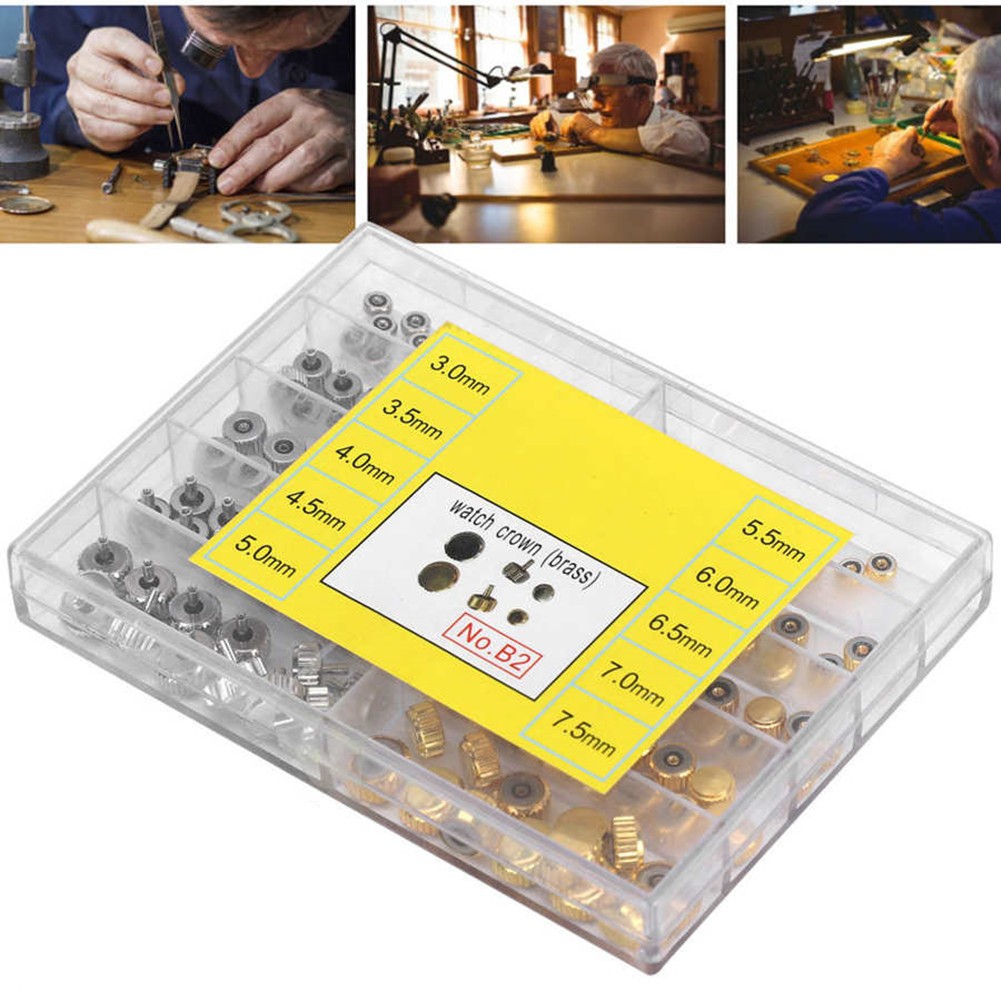 100Pack 3.0‑7.5mm Alloy Watch Crown Head Assortment Watchmaker Repair Box Kit