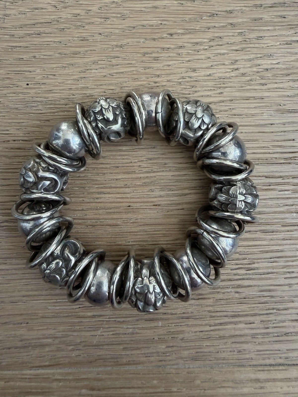 BRACELET, Bohemian, Silver Tone Multi-sized Beads Elastic Cord. Used very good.