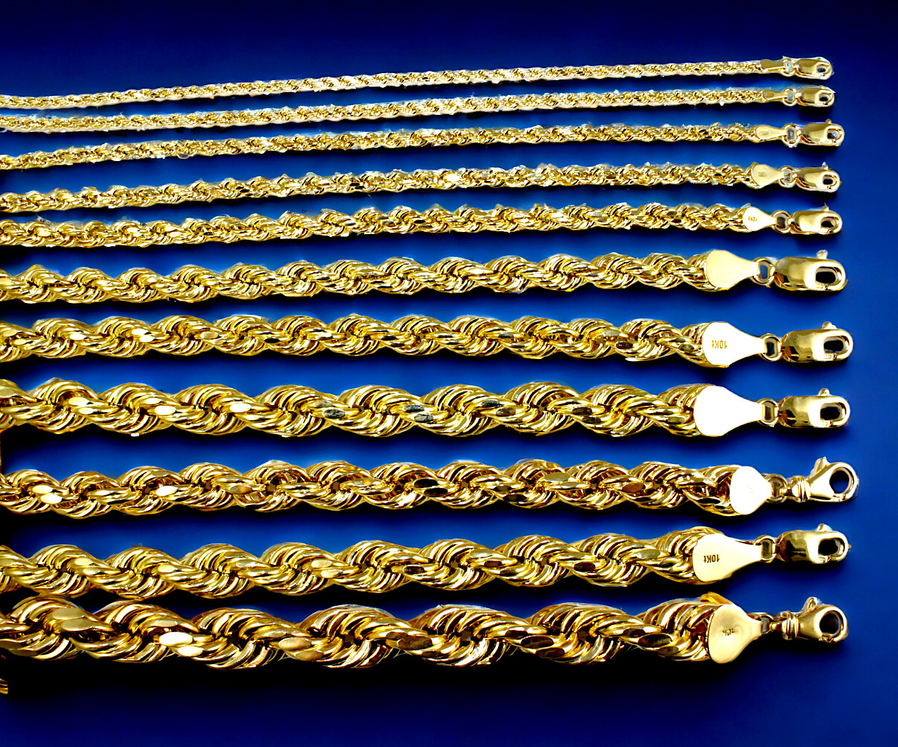 10K Yellow Gold Rope Necklace Chain Diamond Cut Real Gold 2mm-12mm 16″-30″