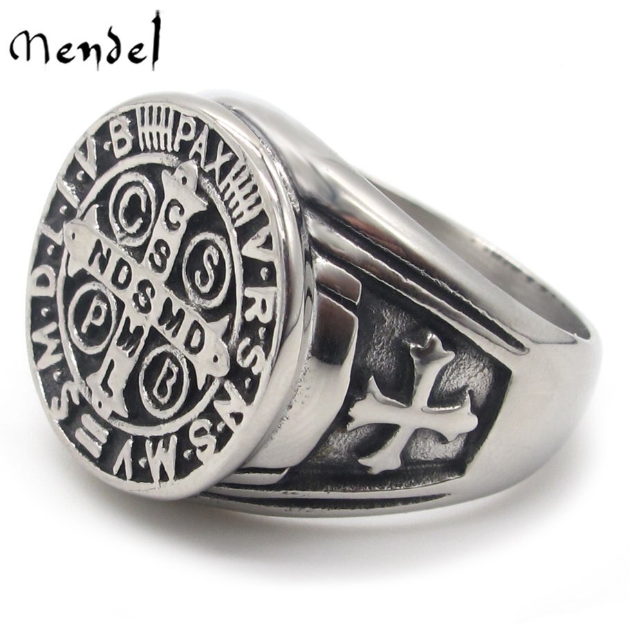 MENDEL Mens Catholic St Saint Benedict Cross Ring Stainless Steel Exorcism Medal