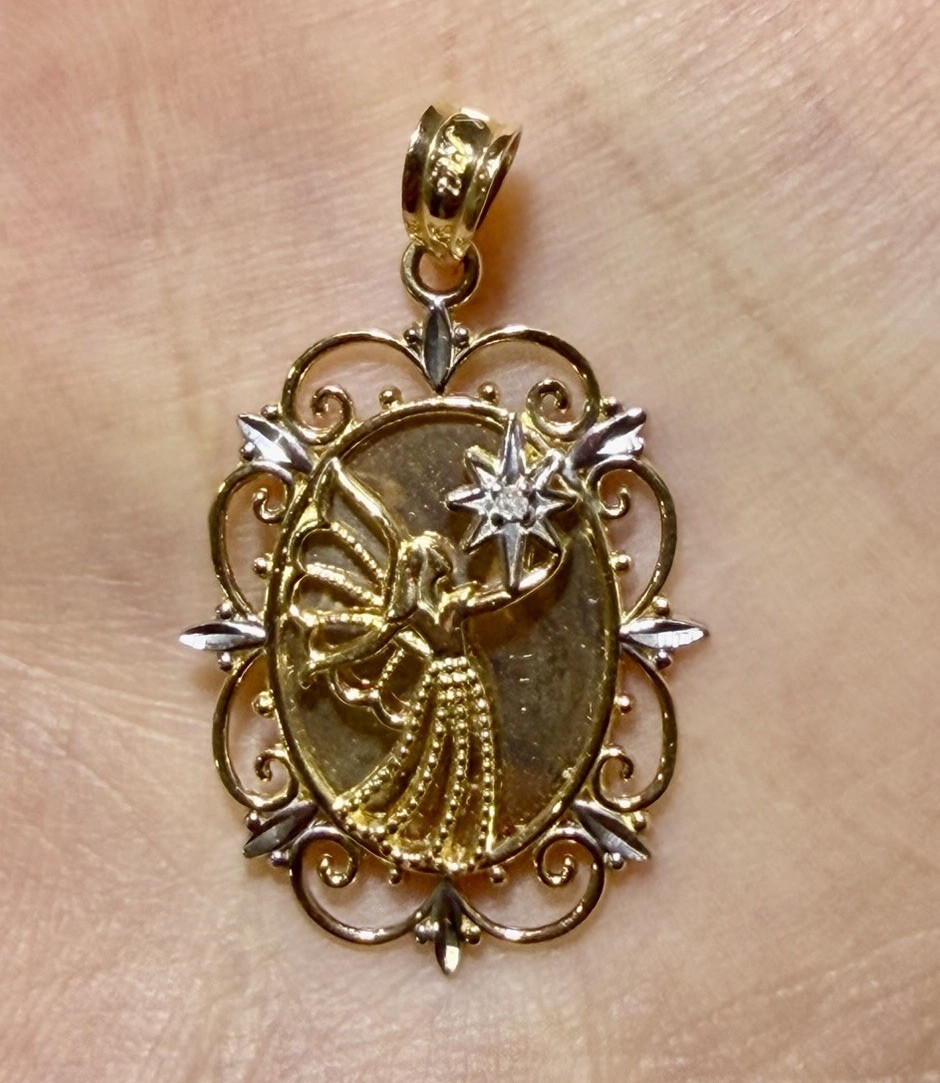 10K Yellow Gold Michael Anthony Diamond Guardian Angel Filigree Pendant