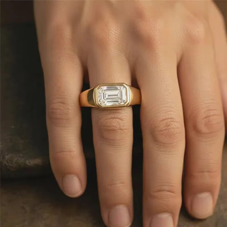 2 CT Emerald Cut East West Signet Moissanite Ring 925 Sterling Silver Jewelry