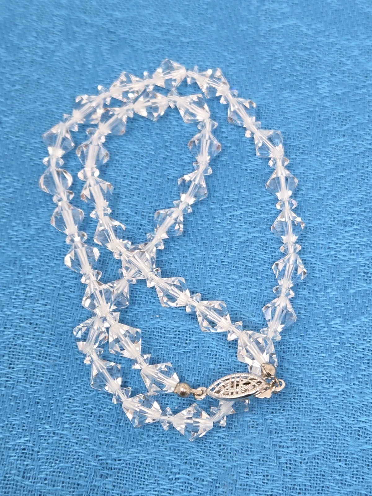 Clear BiCone Crystal Beaded Necklace Vintage 17 Inches Sparkly Faceted Hook