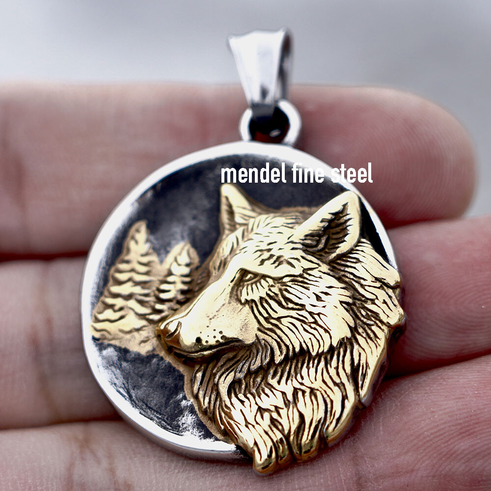 MENDEL Mens Stainless Steel Gold Plate Viking Wolf Head Pendant Necklace For Men