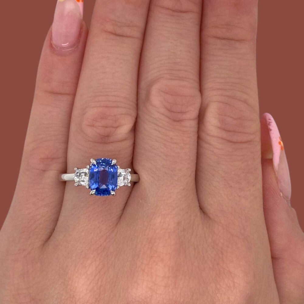14k Gold Engagement Ring 3.10 Ct Lab Created Diamond Cushion Blue Sapphire White