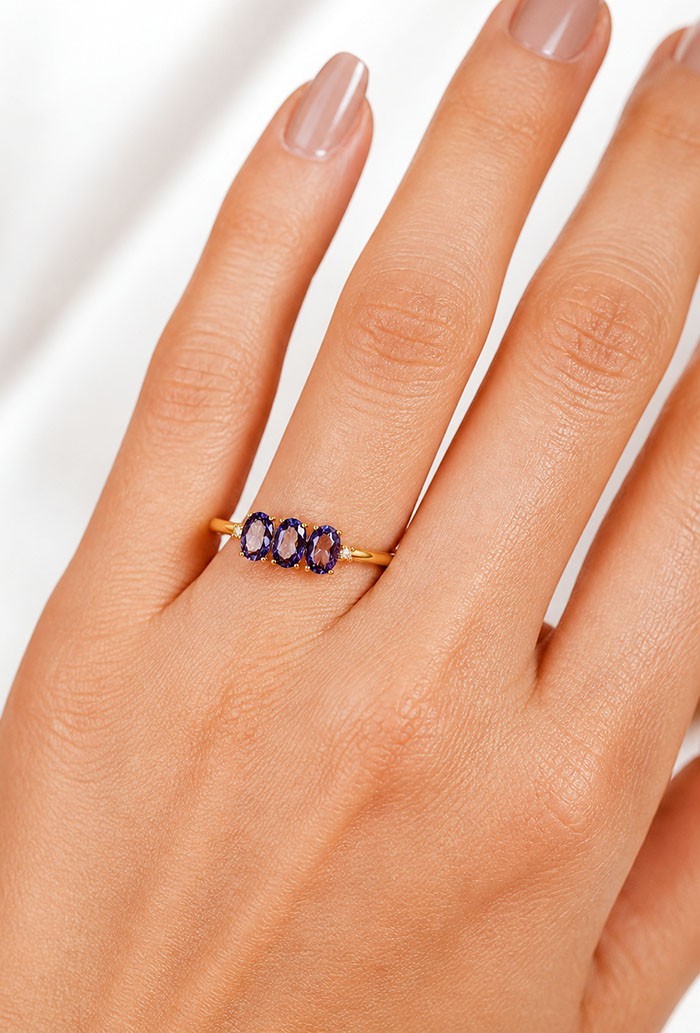 GENUINE 1.84 Cts IOLITE & WHITE SAPPHIRE RING 14k YELLOW GOLD PLATED (.925)- NWT