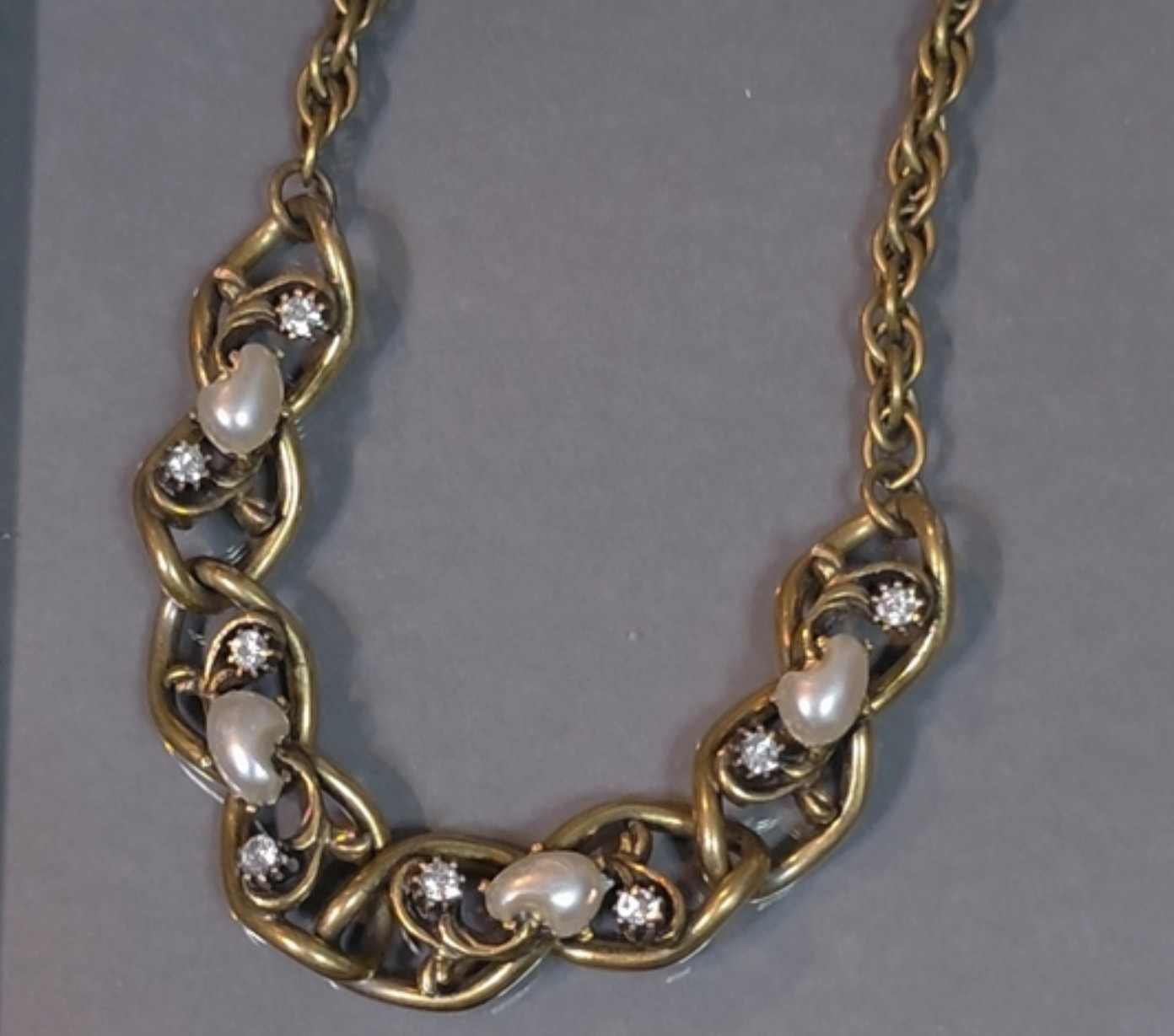 Faux “Baby Tooth” Pearl & Rhinestone Link Necklace Unsigned Vintage Jewelry