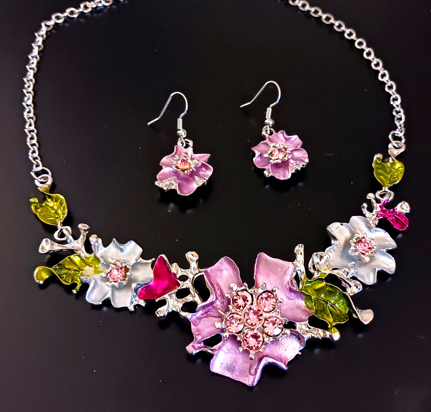 Bouquet Pink FLOWER GARDEN Floral Rhinestone Betsey Johnson Necklace Earring Set