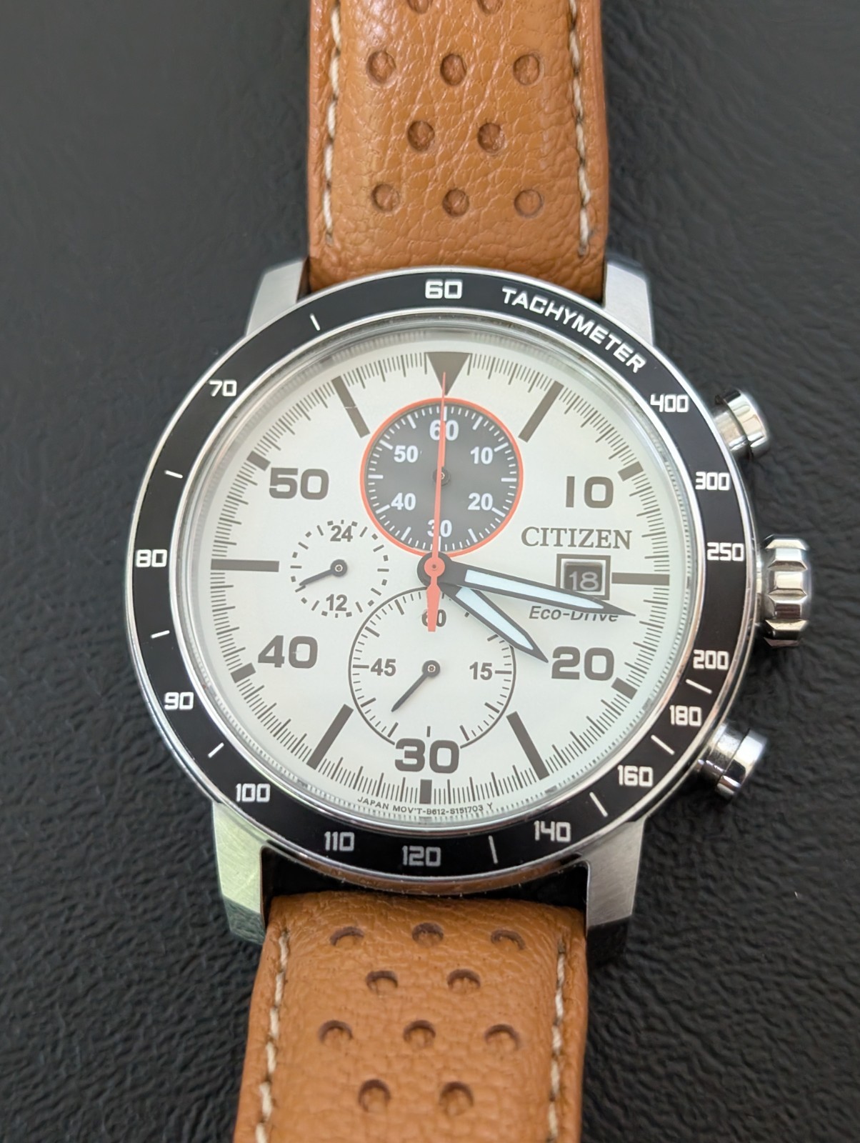 CITIZEN ECO DRIVE MAN’S BRYCEN CHRONOGRAPH LEATHER STRAP WATCH CA0649-06X