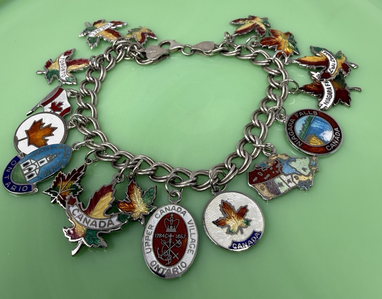 Vintage Sterling Silver Enamel Canada Travel Maple Multi Charm Bracelet 43g