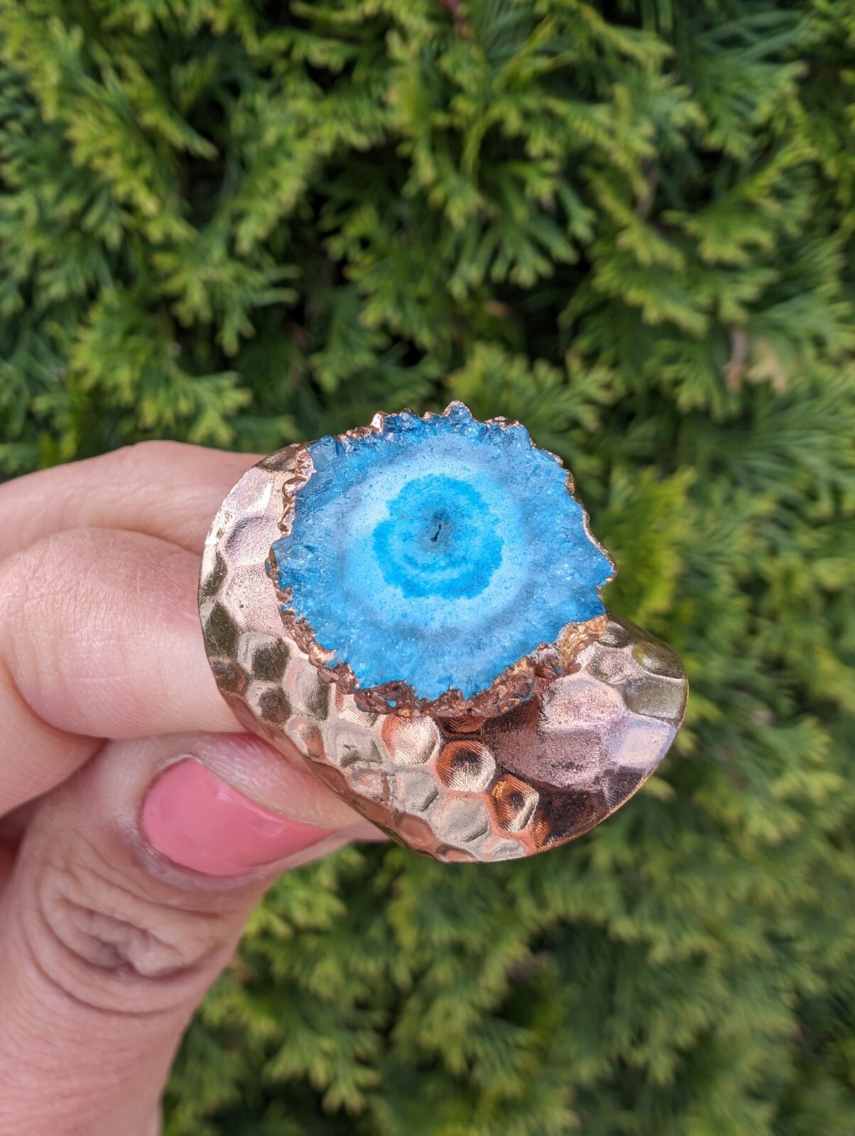 Artisan Handmade In Morocco Adjustable Blue Geode Wide Band Gold Ring Size 8.75